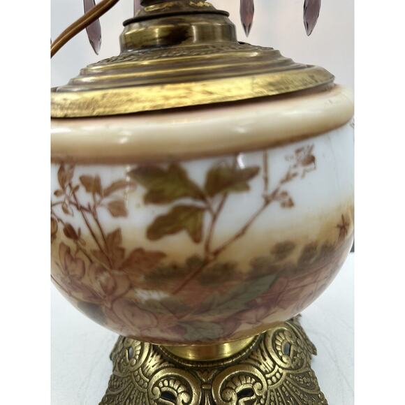 Antique 19" GWTW Hurricane Converted Brass Oil Lamp W/Prisms Porcelain Glass - Picture 3 of 16